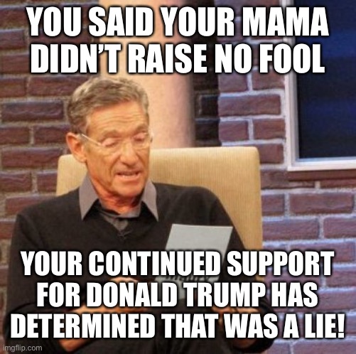 Maury Lie Detector | YOU SAID YOUR MAMA DIDN’T RAISE NO FOOL; YOUR CONTINUED SUPPORT FOR DONALD TRUMP HAS DETERMINED THAT WAS A LIE! | image tagged in memes,maury lie detector | made w/ Imgflip meme maker