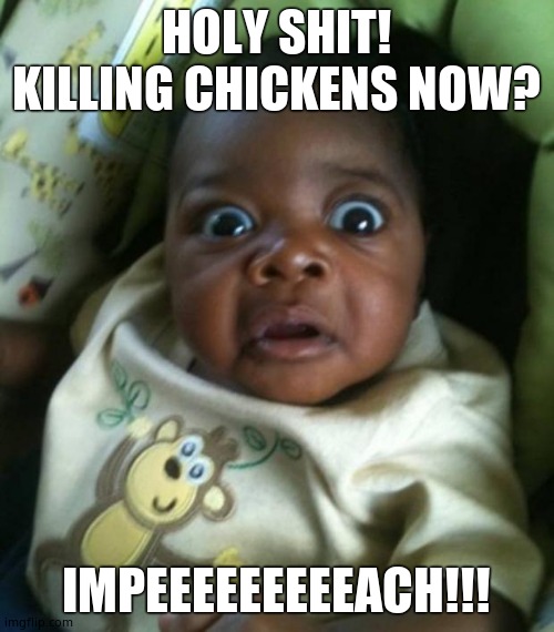 holy shit! | HOLY SHIT! KILLING CHICKENS NOW? IMPEEEEEEEEEACH!!! | image tagged in holy shit | made w/ Imgflip meme maker