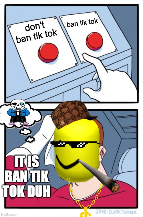 Two Buttons Meme | ban tik tok; don't ban tik tok; IT IS BAN TIK TOK DUH | image tagged in memes,two buttons | made w/ Imgflip meme maker