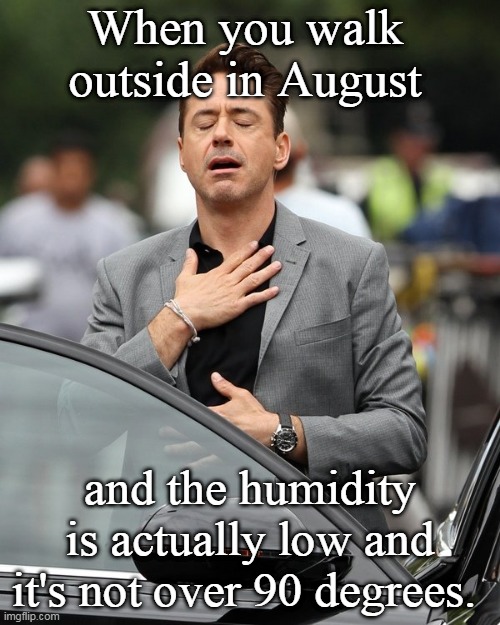 Summer | When you walk outside in August; and the humidity is actually low and it's not over 90 degrees. | image tagged in relief,humidity,summer,heat | made w/ Imgflip meme maker