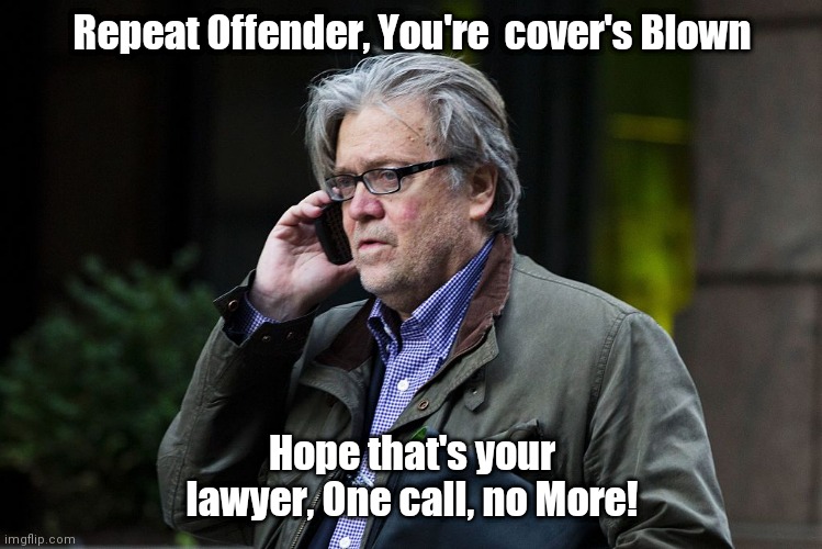 Steve Bannon on Phone | Repeat Offender, You're  cover's Blown; Hope that's your lawyer, One call, no More! | image tagged in steve bannon on phone | made w/ Imgflip meme maker