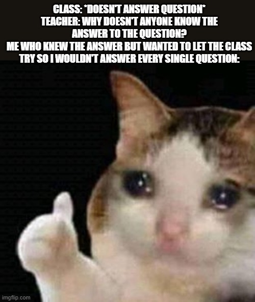 I feel this in school occasionally | CLASS: *DOESN'T ANSWER QUESTION*
TEACHER: WHY DOESN'T ANYONE KNOW THE ANSWER TO THE QUESTION?
ME WHO KNEW THE ANSWER BUT WANTED TO LET THE CLASS TRY SO I WOULDN'T ANSWER EVERY SINGLE QUESTION: | image tagged in sad thumbs up cat | made w/ Imgflip meme maker