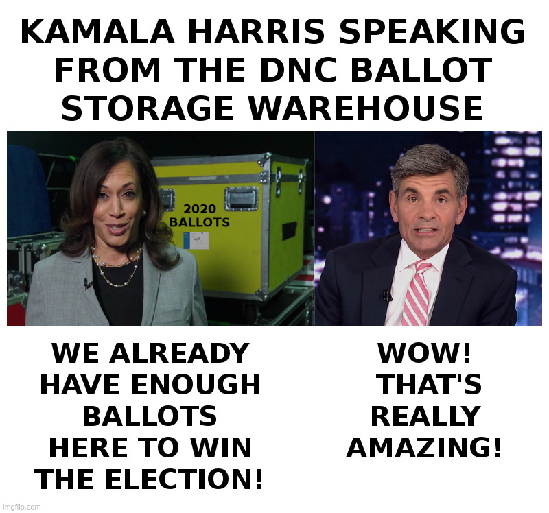 Kamala Harris Speaking From The DNC Ballot Warehouse | image tagged in kamala harris,george stephanopoulos,democrats,mail,ballots,voter fraud | made w/ Imgflip meme maker
