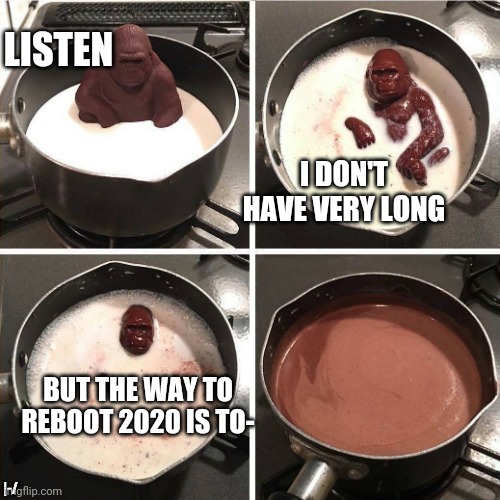 chocolate gorilla | LISTEN; I DON'T HAVE VERY LONG; BUT THE WAY TO REBOOT 2020 IS TO-; |-/ | image tagged in chocolate gorilla | made w/ Imgflip meme maker