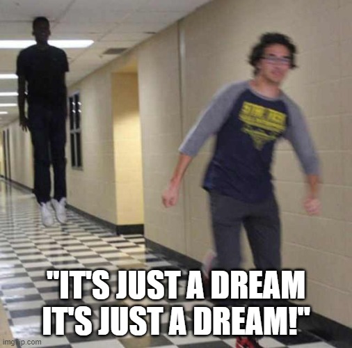 floating boy chasing running boy | "IT'S JUST A DREAM IT'S JUST A DREAM!" | image tagged in floating boy chasing running boy | made w/ Imgflip meme maker
