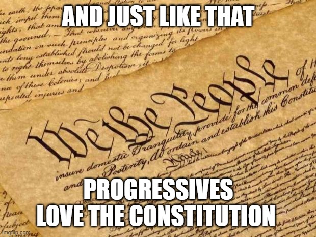 Constitution | AND JUST LIKE THAT PROGRESSIVES LOVE THE CONSTITUTION | image tagged in constitution | made w/ Imgflip meme maker