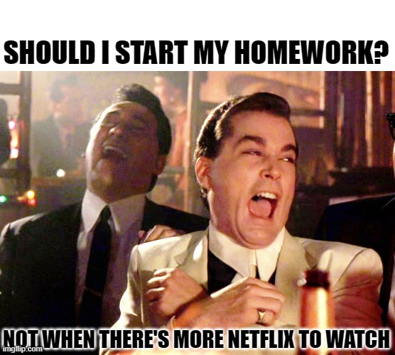 Good Fellas Hilarious Meme | SHOULD I START MY HOMEWORK? NOT WHEN THERE'S MORE NETFLIX TO WATCH | image tagged in memes,good fellas hilarious | made w/ Imgflip meme maker