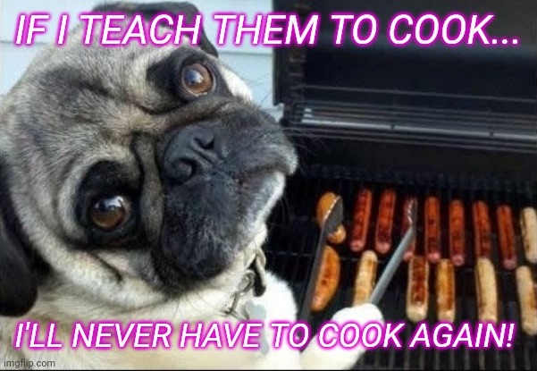 Dog cooking bbq | IF I TEACH THEM TO COOK... I'LL NEVER HAVE TO COOK AGAIN! | image tagged in dog cooking bbq | made w/ Imgflip meme maker