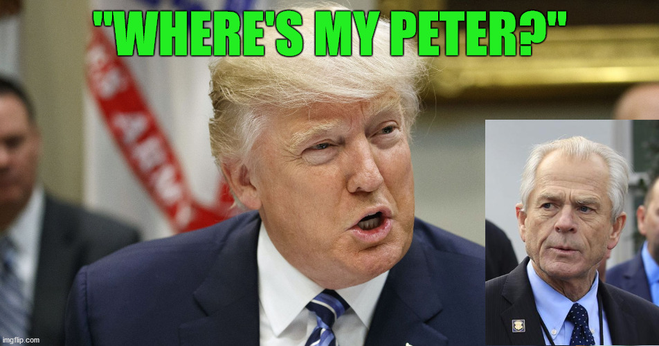 Literally what he says | "WHERE'S MY PETER?" | image tagged in donald trump,peter navarro,funny,memes | made w/ Imgflip meme maker