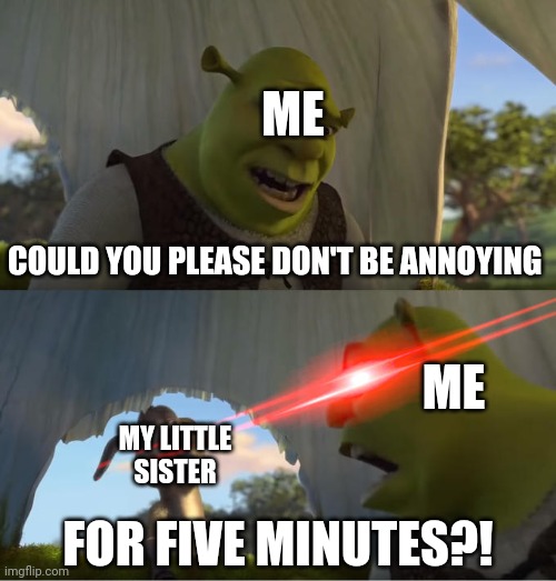 Sometimes, Being The Oldest Sibling Is Hard | ME; COULD YOU PLEASE DON'T BE ANNOYING; ME; MY LITTLE SISTER; FOR FIVE MINUTES?! | image tagged in shrek for five minutes | made w/ Imgflip meme maker