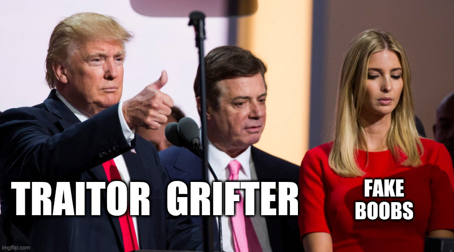Conspired | TRAITOR  GRIFTER; FAKE
BOOBS | image tagged in trump,manafort,ivanka | made w/ Imgflip meme maker
