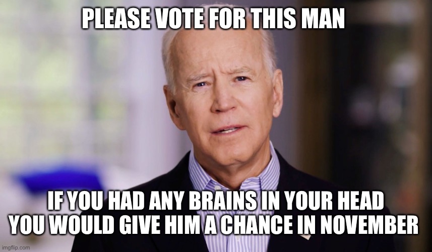 Joe Biden 2020 | PLEASE VOTE FOR THIS MAN; IF YOU HAD ANY BRAINS IN YOUR HEAD YOU WOULD GIVE HIM A CHANCE IN NOVEMBER | image tagged in joe biden 2020 | made w/ Imgflip meme maker