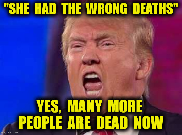 Good One, Einstein | "SHE  HAD  THE  WRONG  DEATHS"; YES,  MANY  MORE  PEOPLE  ARE  DEAD  NOW | image tagged in michelle obama,donald trump,speech,coronavirus,death toll,memes | made w/ Imgflip meme maker