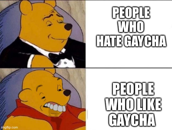 It’s a fact | PEOPLE WHO HATE GAYCHA; PEOPLE WHO LIKE GAYCHA | image tagged in classy and dumb pooh | made w/ Imgflip meme maker