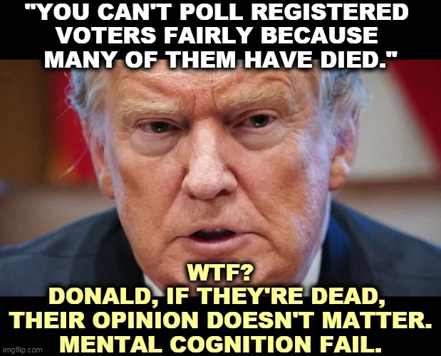 All that Adderall leaves skid marks on the brain. | "YOU CAN'T POLL REGISTERED 
VOTERS FAIRLY BECAUSE 
MANY OF THEM HAVE DIED."; WTF?
DONALD, IF THEY'RE DEAD, 
THEIR OPINION DOESN'T MATTER.
MENTAL COGNITION FAIL. | image tagged in trump,mental illness,sick,crazy,nuts | made w/ Imgflip meme maker