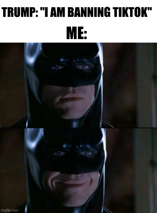 Batman Smiles Meme | TRUMP: "I AM BANNING TIKTOK"; ME: | image tagged in memes,batman smiles | made w/ Imgflip meme maker