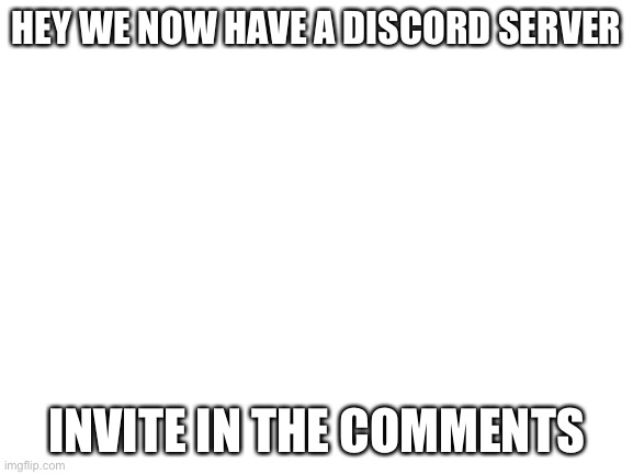 Discord server | HEY WE NOW HAVE A DISCORD SERVER; INVITE IN THE COMMENTS | image tagged in blank white template | made w/ Imgflip meme maker