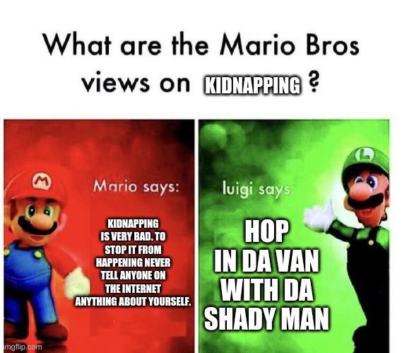 Mario Bros Views | KIDNAPPING; KIDNAPPING IS VERY BAD. TO STOP IT FROM HAPPENING NEVER TELL ANYONE ON THE INTERNET ANYTHING ABOUT YOURSELF. HOP IN DA VAN WITH DA SHADY MAN | image tagged in mario bros views | made w/ Imgflip meme maker