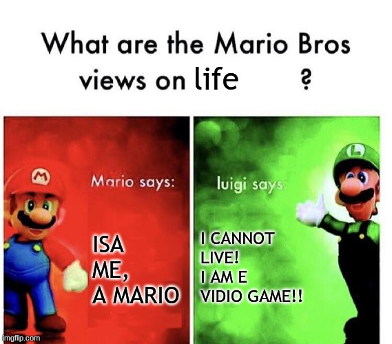 Mario Bros Views | life; I CANNOT LIVE! I AM E VIDIO GAME!! ISA ME, A MARIO | image tagged in mario bros views | made w/ Imgflip meme maker