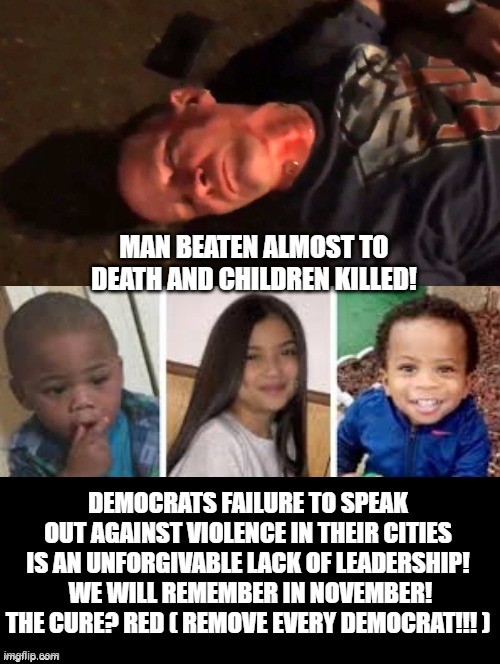 Democrats Failed to Address The Current Violence They Promote at The Democrat National Convention! They Are Sick! | MAN BEATEN ALMOST TO DEATH AND CHILDREN KILLED! DEMOCRATS FAILURE TO SPEAK OUT AGAINST VIOLENCE IN THEIR CITIES IS AN UNFORGIVABLE LACK OF LEADERSHIP!  WE WILL REMEMBER IN NOVEMBER! THE CURE? RED ( REMOVE EVERY DEMOCRAT!!! ) | image tagged in stupid liberals,democrats | made w/ Imgflip meme maker