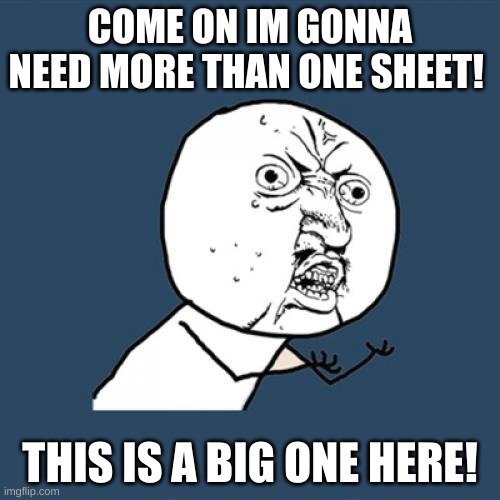 Y U No Meme | COME ON IM GONNA NEED MORE THAN ONE SHEET! THIS IS A BIG ONE HERE! | image tagged in memes,y u no | made w/ Imgflip meme maker