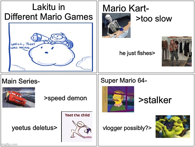 Lakitu is cake? | Lakitu in Different Mario Games; Mario Kart-; >too slow; he just fishes>; Super Mario 64-; Main Series-; >stalker; >speed demon; vlogger possibly?>; yeetus deletus> | image tagged in memes,blank comic panel 2x2,mario,super mario bros,funny,nintendo | made w/ Imgflip meme maker