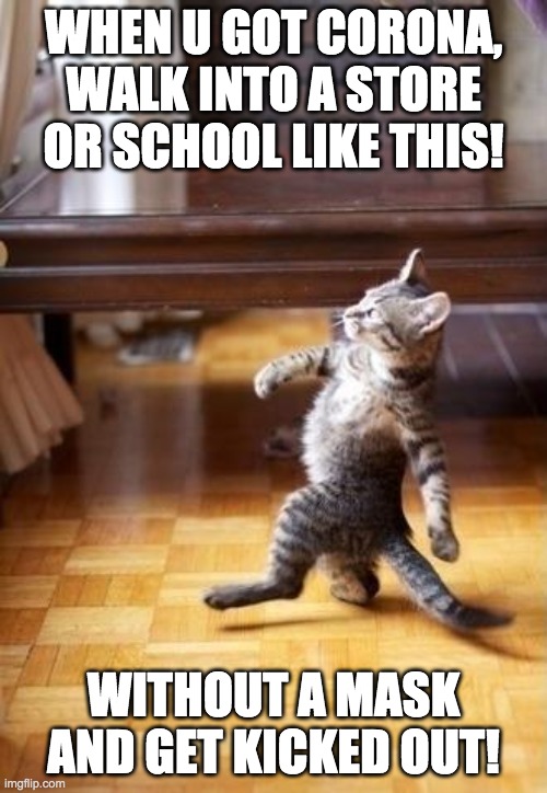Cool Cat Stroll | WHEN U GOT CORONA, WALK INTO A STORE OR SCHOOL LIKE THIS! WITHOUT A MASK AND GET KICKED OUT! | image tagged in memes,cool cat stroll | made w/ Imgflip meme maker