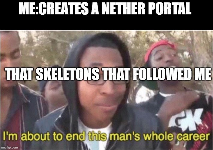 minecraft | ME:CREATES A NETHER PORTAL; THAT SKELETONS THAT FOLLOWED ME | image tagged in im about to end this man's whole career | made w/ Imgflip meme maker
