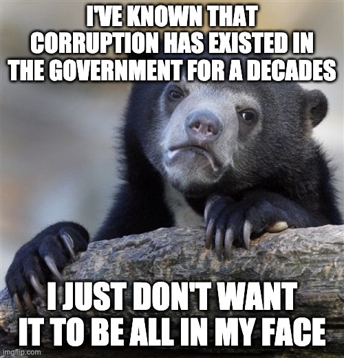 Confession Bear | I'VE KNOWN THAT CORRUPTION HAS EXISTED IN THE GOVERNMENT FOR A DECADES; I JUST DON'T WANT IT TO BE ALL IN MY FACE | image tagged in memes,confession bear,memes | made w/ Imgflip meme maker