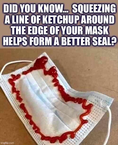 Your welcome | DID YOU KNOW...  SQUEEZING
A LINE OF KETCHUP AROUND
THE EDGE OF YOUR MASK
HELPS FORM A BETTER SEAL? | image tagged in ketchup mask,ketchup,false,hoax,mask,memes | made w/ Imgflip meme maker
