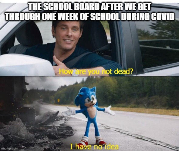 sonic how are you not dead | THE SCHOOL BOARD AFTER WE GET THROUGH ONE WEEK OF SCHOOL DURING COVID | image tagged in sonic how are you not dead | made w/ Imgflip meme maker