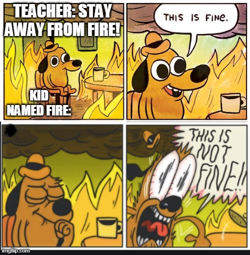 It really isn't fine | TEACHER: STAY AWAY FROM FIRE! KID NAMED FIRE: | image tagged in memes,this is fine | made w/ Imgflip meme maker