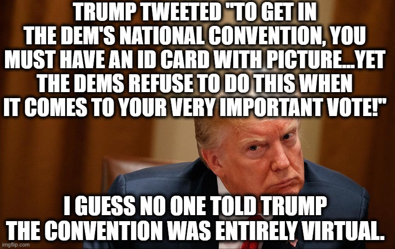 Idiot-in-Chief | TRUMP TWEETED "TO GET IN THE DEM'S NATIONAL CONVENTION, YOU MUST HAVE AN ID CARD WITH PICTURE…YET THE DEMS REFUSE TO DO THIS WHEN IT COMES TO YOUR VERY IMPORTANT VOTE!"; I GUESS NO ONE TOLD TRUMP THE CONVENTION WAS ENTIRELY VIRTUAL. | image tagged in donald trump,democrats,election 2020,voting,moron,convention | made w/ Imgflip meme maker