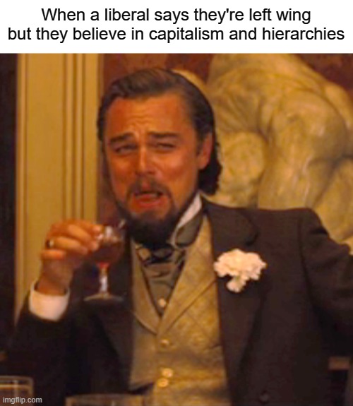 You stand for NOTHING | When a liberal says they're left wing but they believe in capitalism and hierarchies | image tagged in laughing leo,liberalism,capitalism,leftists,anarchy,socialism | made w/ Imgflip meme maker