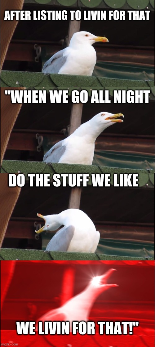 little pitchy | AFTER LISTING TO LIVIN FOR THAT; "WHEN WE GO ALL NIGHT; DO THE STUFF WE LIKE; WE LIVIN FOR THAT!" | image tagged in memes,inhaling seagull | made w/ Imgflip meme maker
