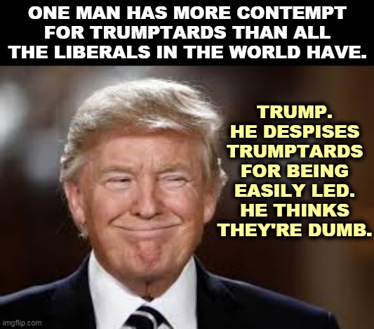The con man has zero respect for his mark. | ONE MAN HAS MORE CONTEMPT FOR TRUMPTARDS THAN ALL THE LIBERALS IN THE WORLD HAVE. TRUMP. HE DESPISES TRUMPTARDS FOR BEING EASILY LED. HE THINKS THEY'RE DUMB. | image tagged in trump smug with contempt towards trumptards,trump,followers,fools | made w/ Imgflip meme maker