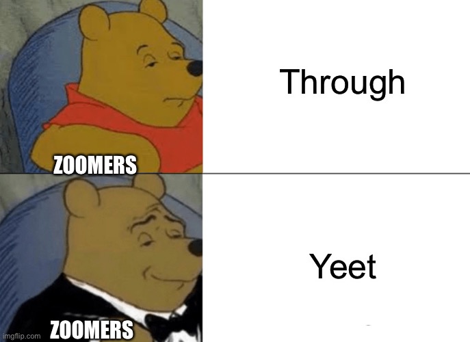 Nobody: | Through; ZOOMERS; Yeet; ZOOMERS | image tagged in memes,tuxedo winnie the pooh | made w/ Imgflip meme maker