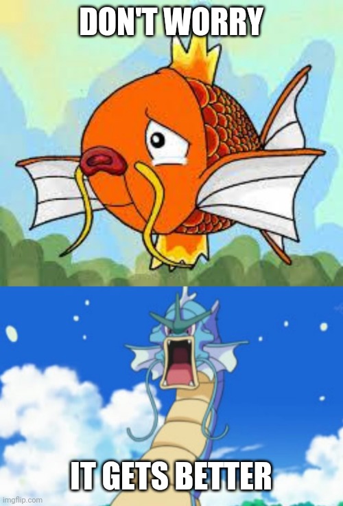 If Magikarp can do it, you can too!! | DON'T WORRY; IT GETS BETTER | image tagged in magikarp,gyarados,pokemon,you can do it,make your dreams come true,just do it | made w/ Imgflip meme maker