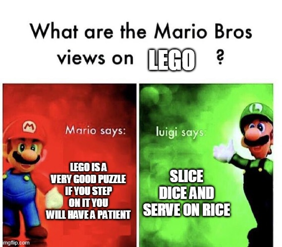 What are The Mario Bros Views on Lego | LEGO; LEGO IS A VERY GOOD PUZZLE IF YOU STEP ON IT YOU WILL HAVE A PATIENT; SLICE DICE AND SERVE ON RICE | image tagged in mario bros views | made w/ Imgflip meme maker