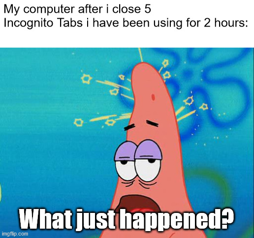 Relatable. | My computer after i close 5 Incognito Tabs i have been using for 2 hours:; What just happened? | image tagged in dumb patrick star,incognito,google,google chrome,patrick,what happened | made w/ Imgflip meme maker