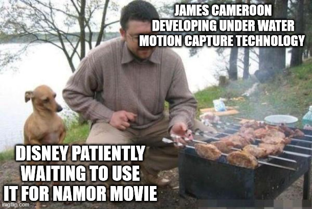 Disney waiting for making Namor movie | JAMES CAMEROON DEVELOPING UNDER WATER MOTION CAPTURE TECHNOLOGY; DISNEY PATIENTLY WAITING TO USE IT FOR NAMOR MOVIE | image tagged in dog waiting for bbq | made w/ Imgflip meme maker