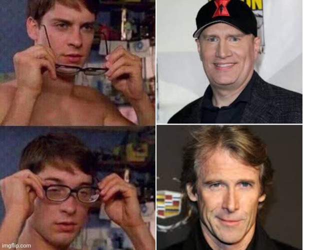 MCU fans are gonna hate this, but Marvel Studios boss kevin Feige is Michael Bay. | image tagged in spiderman glasses,michael bay,marvel,mcu,funny,funny memes | made w/ Imgflip meme maker
