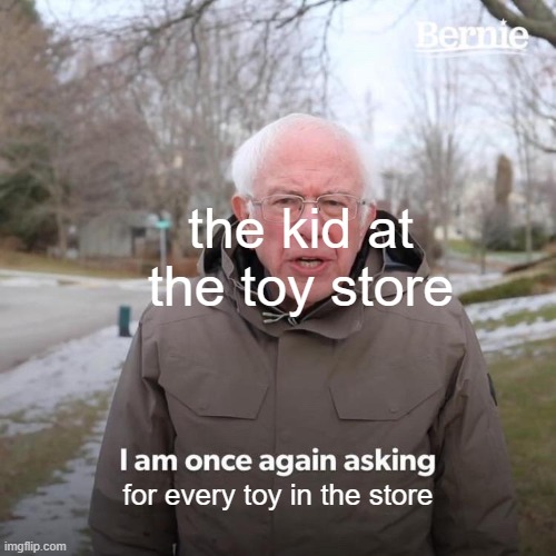 every. single. toy. | the kid at the toy store; for every toy in the store | image tagged in memes,bernie i am once again asking for your support | made w/ Imgflip meme maker