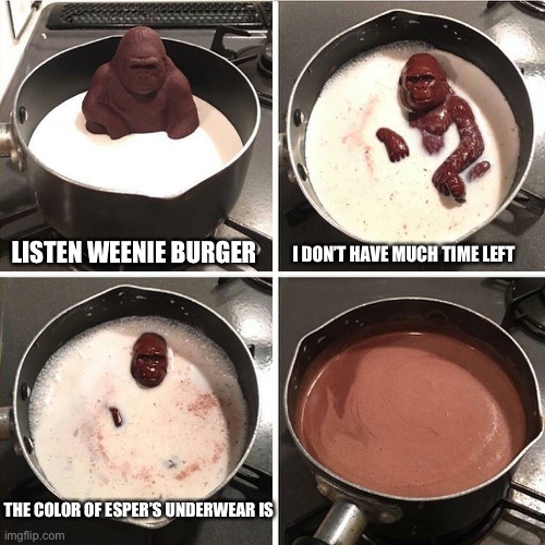 Kinda based this meme from the Ask Esper and Ask Stickdanny and co blog meme comments | I DON’T HAVE MUCH TIME LEFT; LISTEN WEENIE BURGER; THE COLOR OF ESPER’S UNDERWEAR IS | image tagged in chocolate gorilla,weenie burger,esper,memes | made w/ Imgflip meme maker
