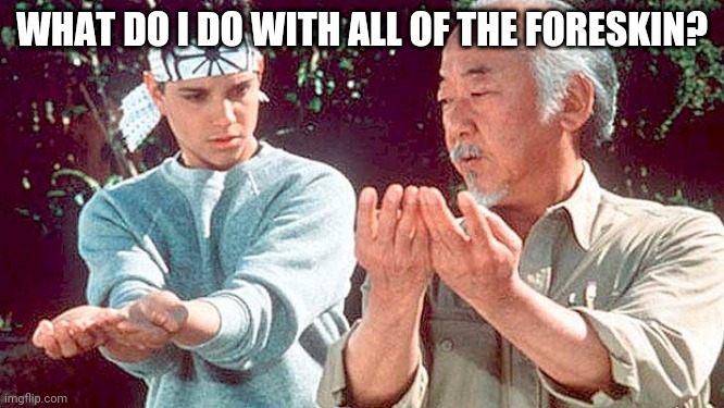Mr Miyagi | WHAT DO I DO WITH ALL OF THE FORESKIN? | image tagged in mr miyagi | made w/ Imgflip meme maker