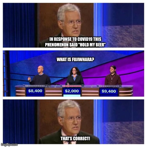 Jeopardy | IN RESPONSE TO COVID19 THIS PHENOMENON SAID “HOLD MY BEER”; WHAT IS FUJIWHARA? THAT’S CORRECT! | image tagged in jeopardy | made w/ Imgflip meme maker