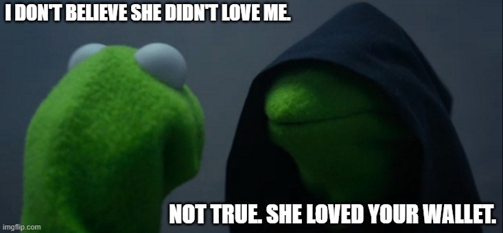 Evil Kermit Meme | I DON'T BELIEVE SHE DIDN'T LOVE ME. NOT TRUE. SHE LOVED YOUR WALLET. | image tagged in memes,evil kermit | made w/ Imgflip meme maker