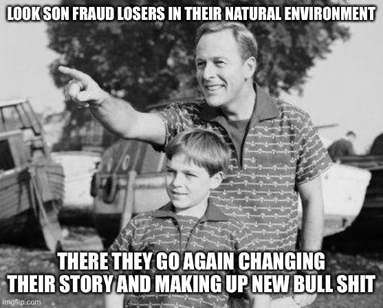 Look Son Meme | LOOK SON FRAUD LOSERS IN THEIR NATURAL ENVIRONMENT; THERE THEY GO AGAIN CHANGING THEIR STORY AND MAKING UP NEW BULL SHIT | image tagged in memes,look son | made w/ Imgflip meme maker