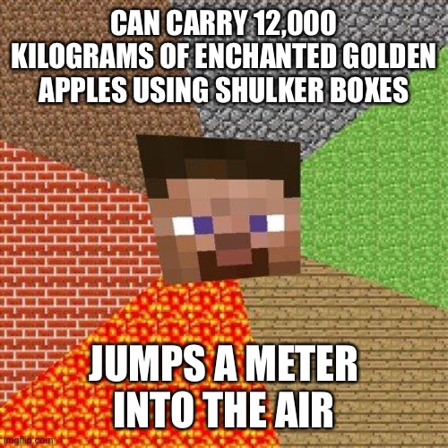 Minecraft Steve | CAN CARRY 12,000 KILOGRAMS OF ENCHANTED GOLDEN APPLES USING SHULKER BOXES; JUMPS A METER INTO THE AIR | image tagged in minecraft steve | made w/ Imgflip meme maker