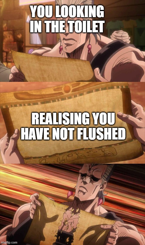 Toilet | YOU LOOKING IN THE TOILET; REALISING YOU HAVE NOT FLUSHED | image tagged in jojo scroll of truth | made w/ Imgflip meme maker